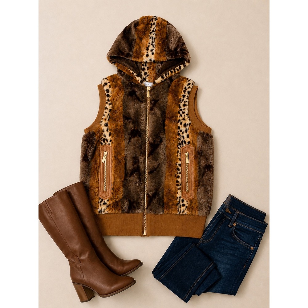 Snobbish Premium Collection Faux Fur Hooded Vest Brown Leopard Print Large